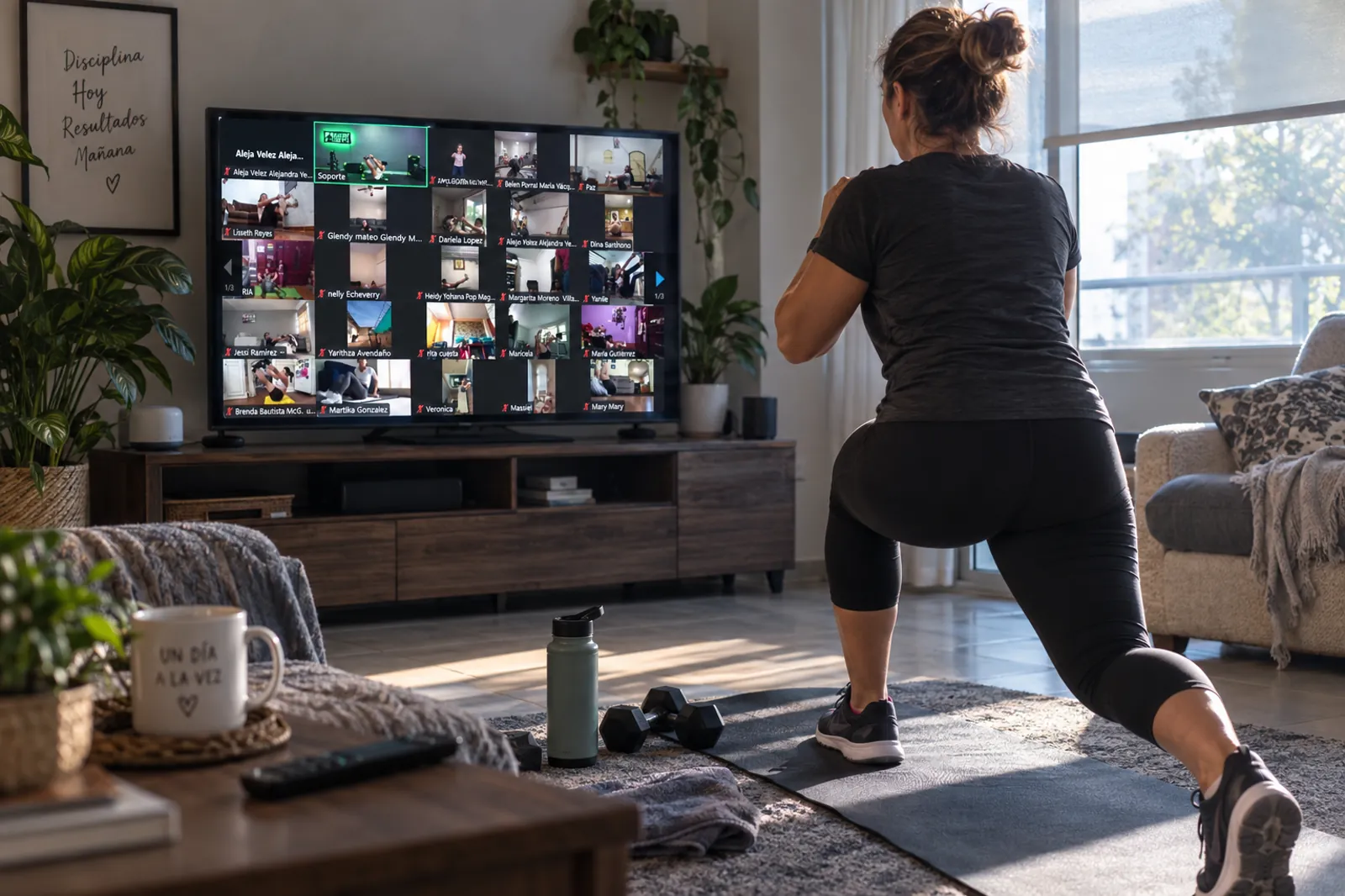 Persona en el sofá de su casa siguiendo una clase en vivo de TurboSteps en el televisor mientras la controla desde el móvil
